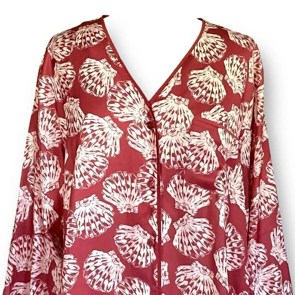 Summersalt Womens Cloud 9 Silky Pajama Top Sz L Brown Seashell Print PJ Shirt